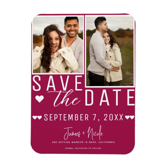 Modern Raspberry Save the Date 2 Photo Wedding Magnet (Vertical)