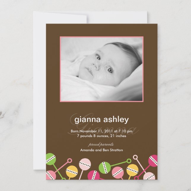 Modern Rattles Baby Girl Birth Announcement (Front)