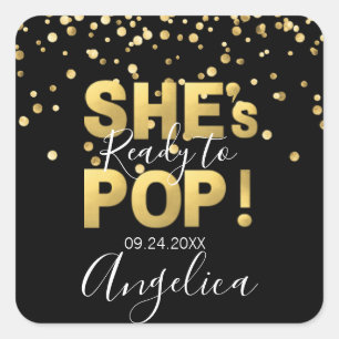 Modern Ready to Pop Baby Shower Gold Black Square Sticker