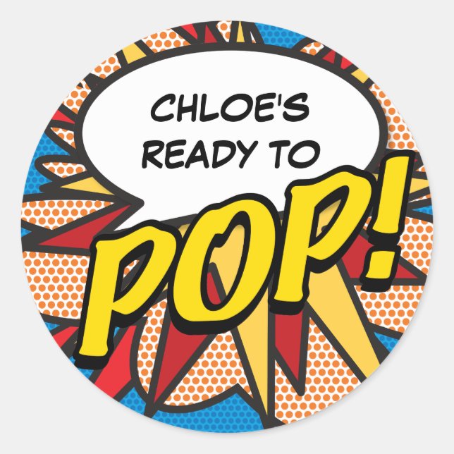 Modern Ready to POP! Comic Book Baby Shower Classic Round Sticker (Front)