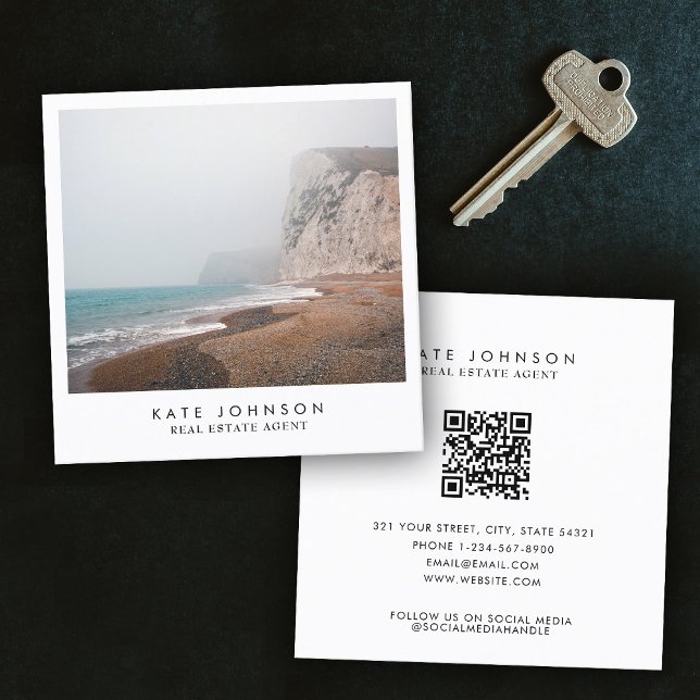 Modern Real Estate Agent Beach Ocean Full Photo  Square Business Card (Modern Real Estate Agent Beach Ocean Full Photo Square Business Card)