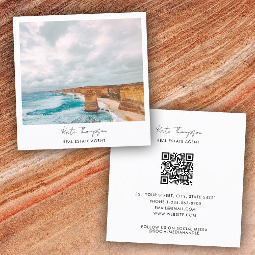 Modern Real Estate Agent Beach Ocean Photo Script Square Business Card