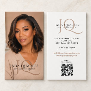 Modern Real Estate Agent Beige Monogram Photo Business Card