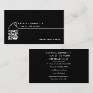 Modern Real Estate Agent Broker QR Code Black Business Card