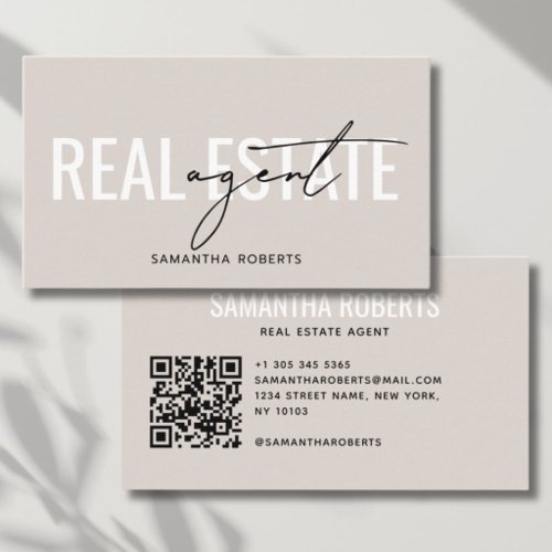 Modern real estate agent QR Code beige Business Card