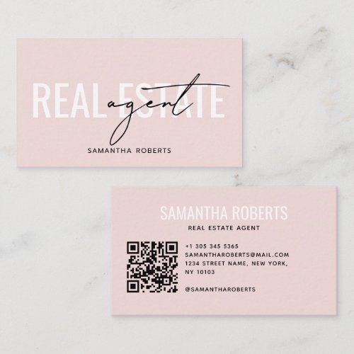 Modern real estate agent QR Code blush pink Business Card