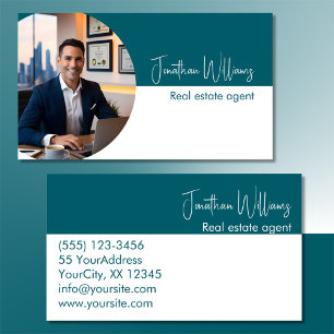 Modern real estate agent round photo teal white business card