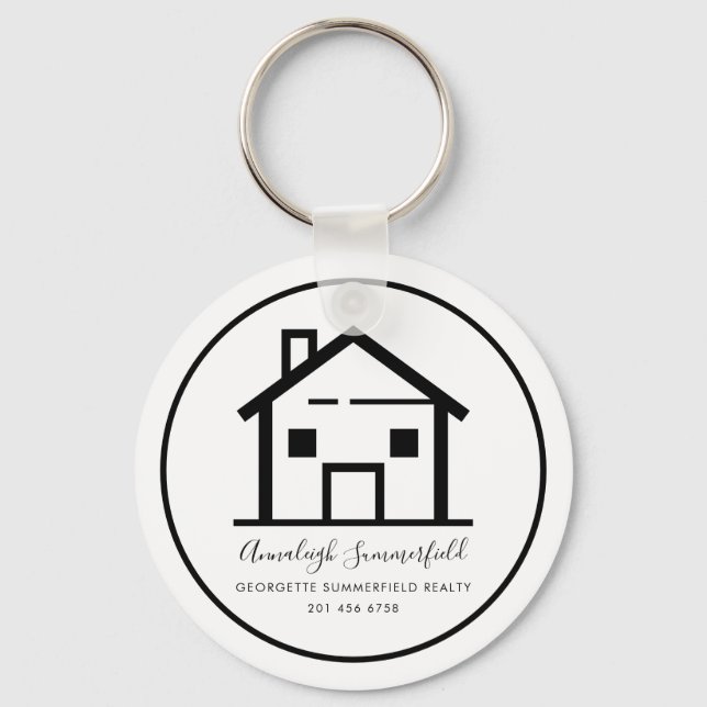 Modern Real Estate Black White Personalized House Keychain (Front)