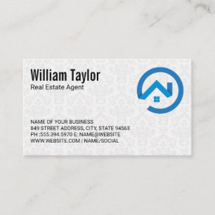 Modern Real Estate Blue Logo   Damask Pattern Business Card