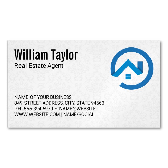 Modern Real Estate Blue Logo | Damask Pattern Business Card Magnet (Front)