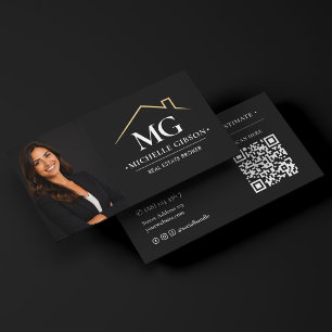 Modern Real Estate Broker Photo QR Black Business Card