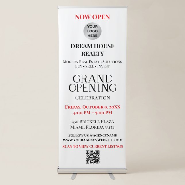 Modern Real Estate Grand Opening QR Code Now Open Retractable Banner (Front)