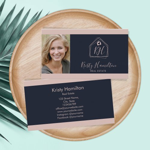 Modern Real Estate Professional Navy Blush Pink Business Card