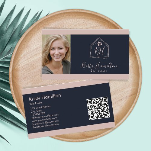 Modern Real Estate Professional Navy Blush QR Code Business Card