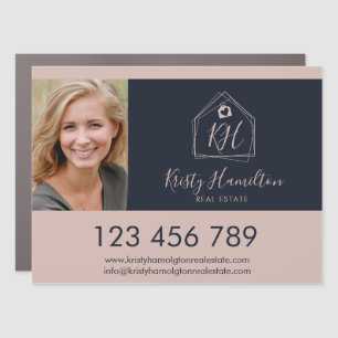 Modern Real Estate Professional Navy Blush QR Code Car Magnet