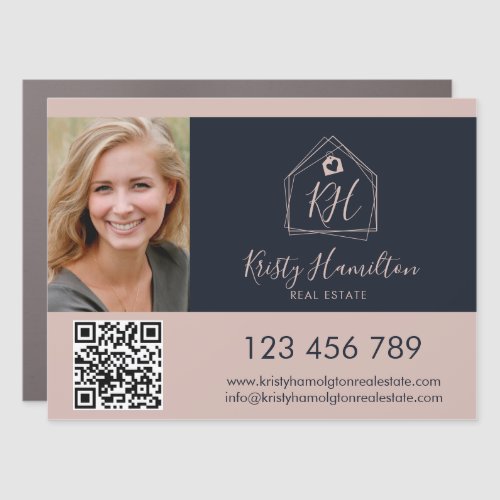 Modern Real Estate Professional Navy Blush QR Code Car Magnet