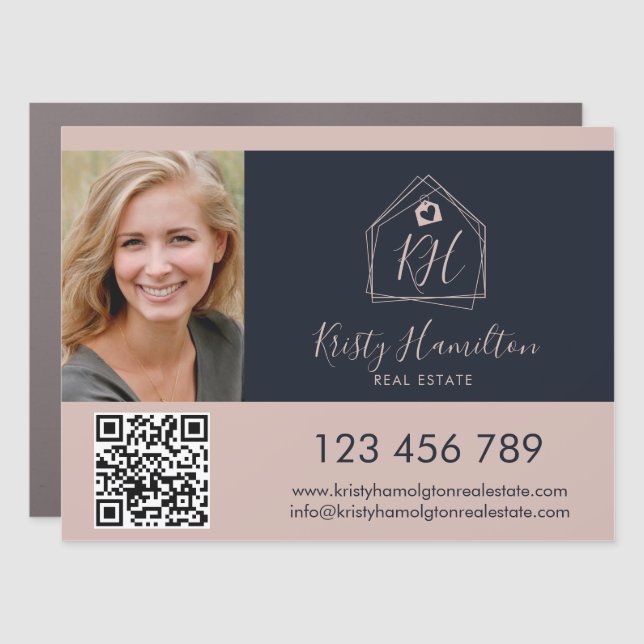 Modern Real Estate Professional Navy Blush QR Code Car Magnet (Front)