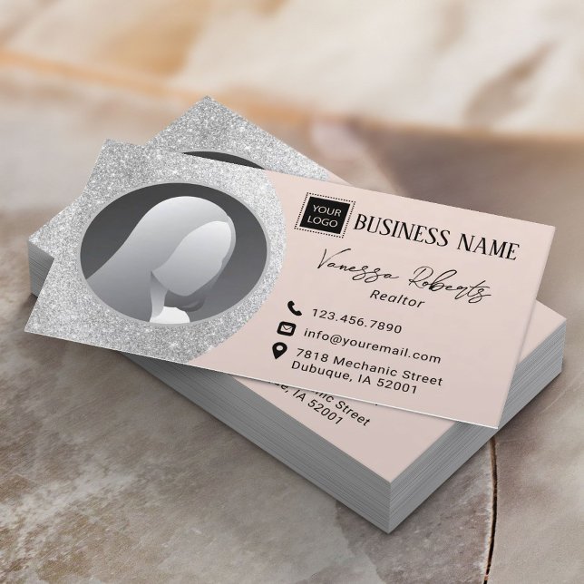 Modern Real Estate Realtor Silver Blush Pink Photo Business Card (Creator Uploaded)