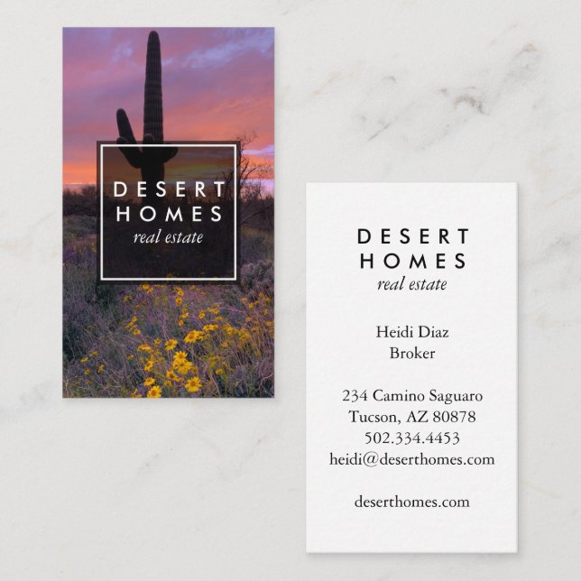 Modern Real Estate Saguaro Sunset Desert Photo  Business Card (Front/Back)