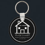 Modern Real Estate White Black Custom House Keychain<br><div class="desc">Modern and minimalist realtor keychain you can easily customize with your name,  company and phone number by using the "Personalize" button. A perfect gift for a client,  a house buyer,  or a realtor featuring an outline of a house and script and modern typography.</div>