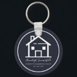 Modern Real Estate White Navy Blue Custom House Keychain<br><div class="desc">Modern and minimalist realtor keychain you can easily customize with your name,  company and phone number by using the "Personalize" button. A perfect gift for a client,  a house buyer,  or a realtor featuring an outline of a house and script and modern typography.</div>
