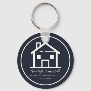 Modern Real Estate White Navy Blue Custom House Keychain