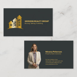 Modern Real Estate with Photo & Gold House Logo Business Card