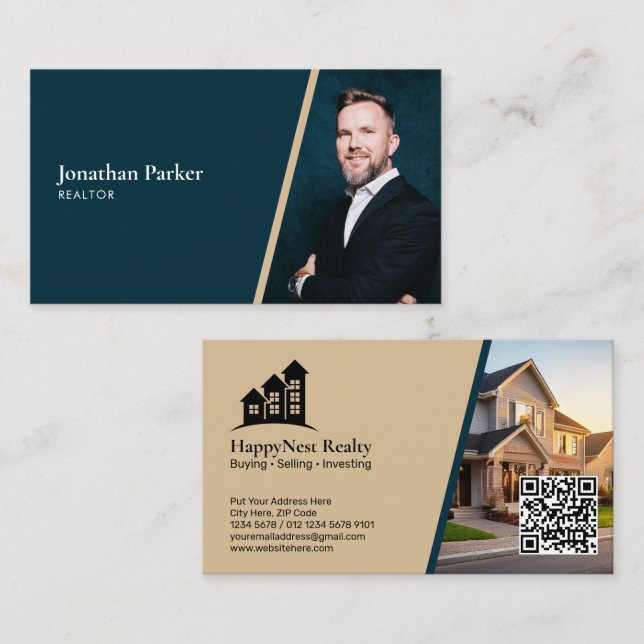 Modern Real Estate with Photo & QR Code Business Card (Front/Back)