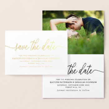 Modern Real Foil Script Save The Date Gold Foil Card by StampedyStamp at Zazzle