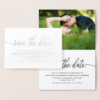 Modern Real Foil Script Save The Date Silver Foil Card by StampedyStamp at Zazzle