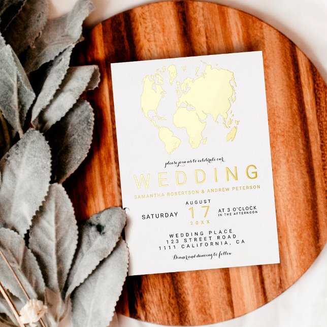 Modern real gold chic world map wedding photo foil invitation (Creator Uploaded)