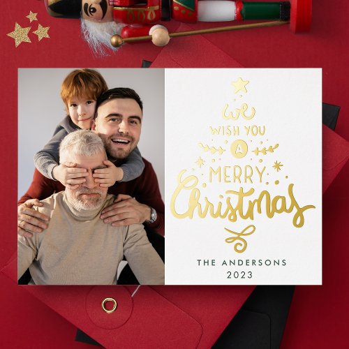 Modern Real Gold Christmas Tree  Photo Happy Foil Holiday Card