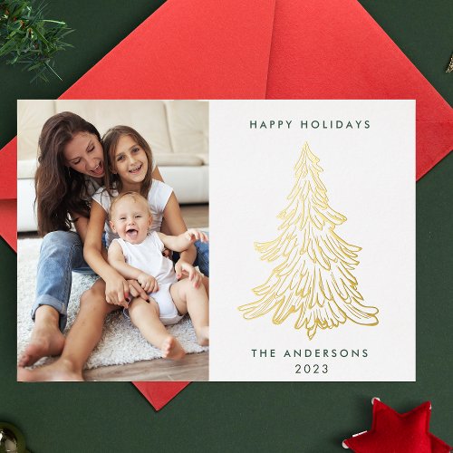 Modern Real Gold Christmas Tree  Photo Happy Foil Holiday Card