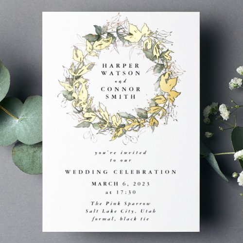 Modern Real Gold Eucalyptus Wreath Wedding Foil Invitation