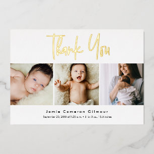 Modern Real Gold Foil Script Custom 3 photo Baby  Invitation