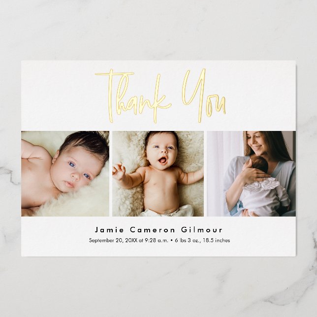 Modern Real Gold Foil Script Custom 3 photo Baby  Invitation (Front)