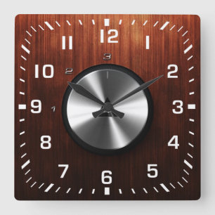 Modern Realistic Shiny Steel and Wood Texture Square Wall Clock