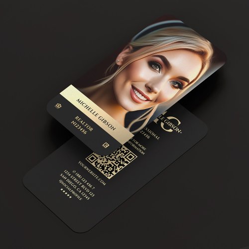 Modern Realtor Black Gold Photo EHO Logo Monogram Business Card