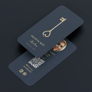 Modern Realtor EHO Photo Blue Gold Key  Business Card