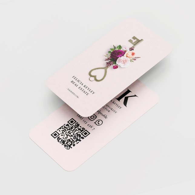Modern Realtor Floral Monogram Real Estate Agent Business Card (Realtor Floral Gold Key Real Estate Agent Broker Mortgage Professional Monogram Pink business card)
