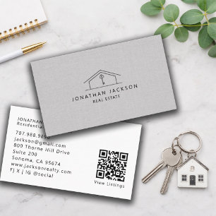 Modern Realtor Home Logo Gray Faux Linen Business Card