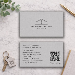 Modern Realtor Home Logo Gray Faux Linen Business Card