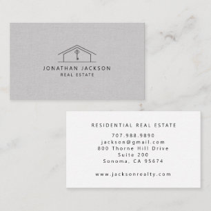 Modern Realtor Home Logo Gray Faux Linen Business Card