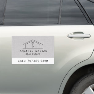 Modern Realtor Home Logo Gray Faux Linen Car Magnet