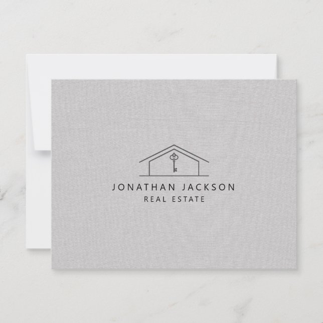 Modern Realtor Home Logo Gray Faux Linen Note Card (Front)