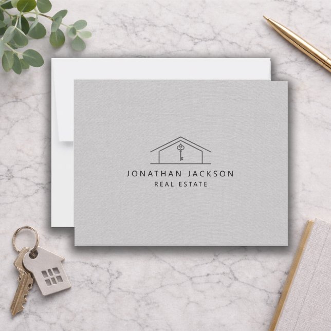 Modern Realtor Home Logo Gray Faux Linen Note Card (Creator Uploaded)
