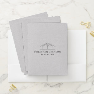 Modern Realtor Home Logo Gray Faux Linen Pocket Folder