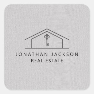Modern Realtor Home Logo Gray Faux Linen Square Sticker