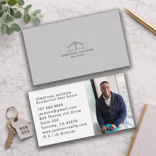 Modern Realtor Home Logo Photo Gray Faux Linen Business Card
