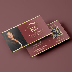 Modern Realtor Photo Real Estate Broker Red Gold Foil Business Cards